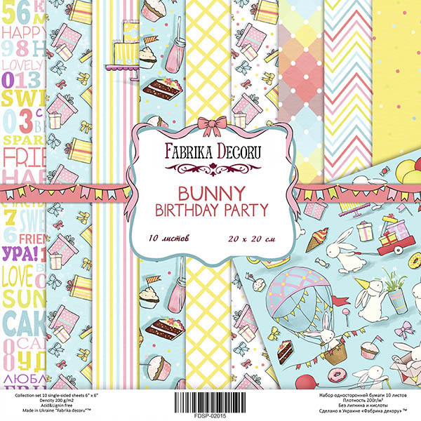 Zestaw papieru do scrapbookingu "Bunny bithday party" 20cm x 20cm - Fabrika Decoru
