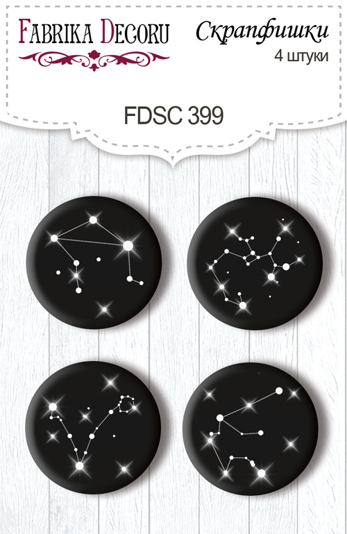 Set mit 4 Flair-Buttons zum Scrapbooking Mystical space EN #399 - Fabrika Decoru
