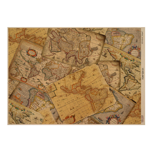 Arkusz kraft papieru z wzorem Maps of the seas and continents #01, 42x29,7 cm - Fabrika Decoru