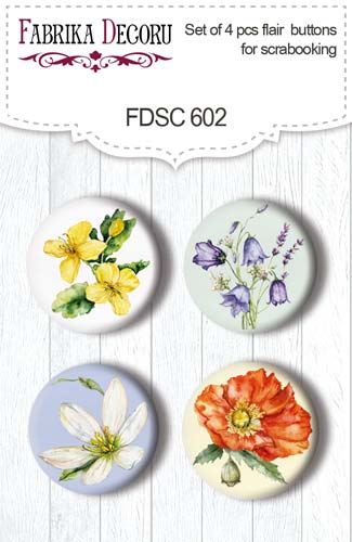 Set mit 4 Flair-Buttons zum Scrapbooking Summer meadow #602 - Fabrika Decoru