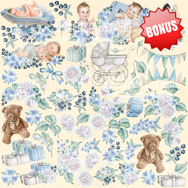 Double-sided scrapbooking paper set Shabby baby boy redesign 12"x12", 10 sheets - foto 10
