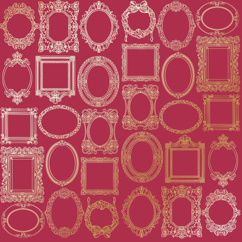 Sheet of single-sided paper with gold foil embossing, pattern "Golden Frames, color Blackberry"