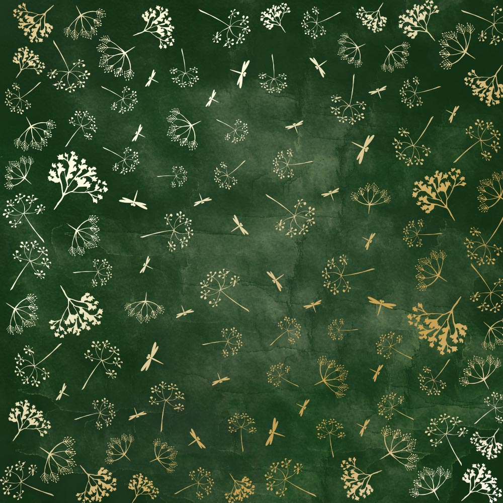 Sheet of single-sided paper with gold foil embossing, pattern Golden Dill, color Dark green aquarelle, 12"x12"