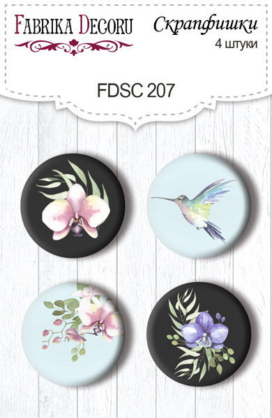 Set mit 4 Flair-Buttons zum Scrapbooking "Wild orchid" #207 - Fabrika Decoru