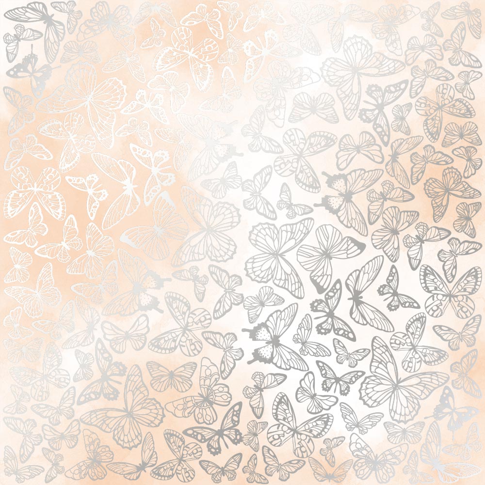Einseitig bedrucktes Blatt Papier mit Silberfolie, Muster Silberne Schmetterlinge, Farbe Beige Aquarell 12"x12" - Fabrika Decoru