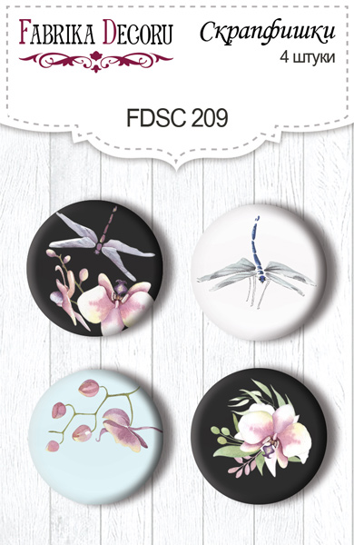 Set mit 4 Flair-Buttons zum Scrapbooking "Wild orchid 1" #209 - Fabrika Decoru