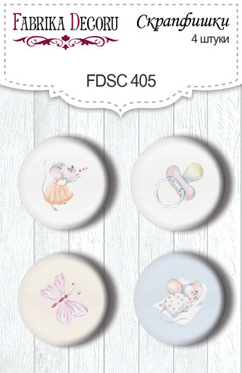 Set mit 4 Flair-Buttons zum Scrapbooking My little mousy girl #405 - Fabrika Decoru