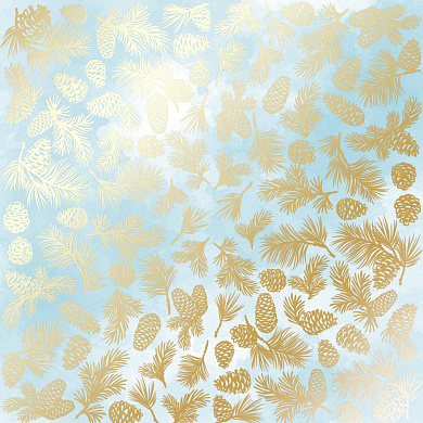 лист односторонней бумаги с фольгированием, дизайн golden pine cones azure watercolor, 30,5см х 30,5см